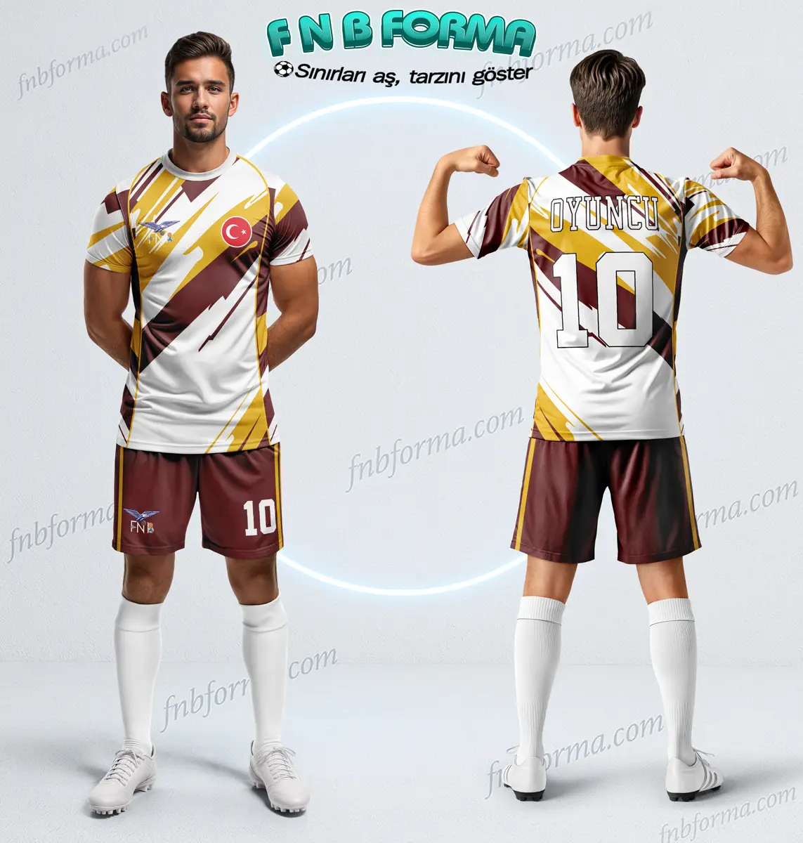 White football kit with gold and maroon diagonal strike design
