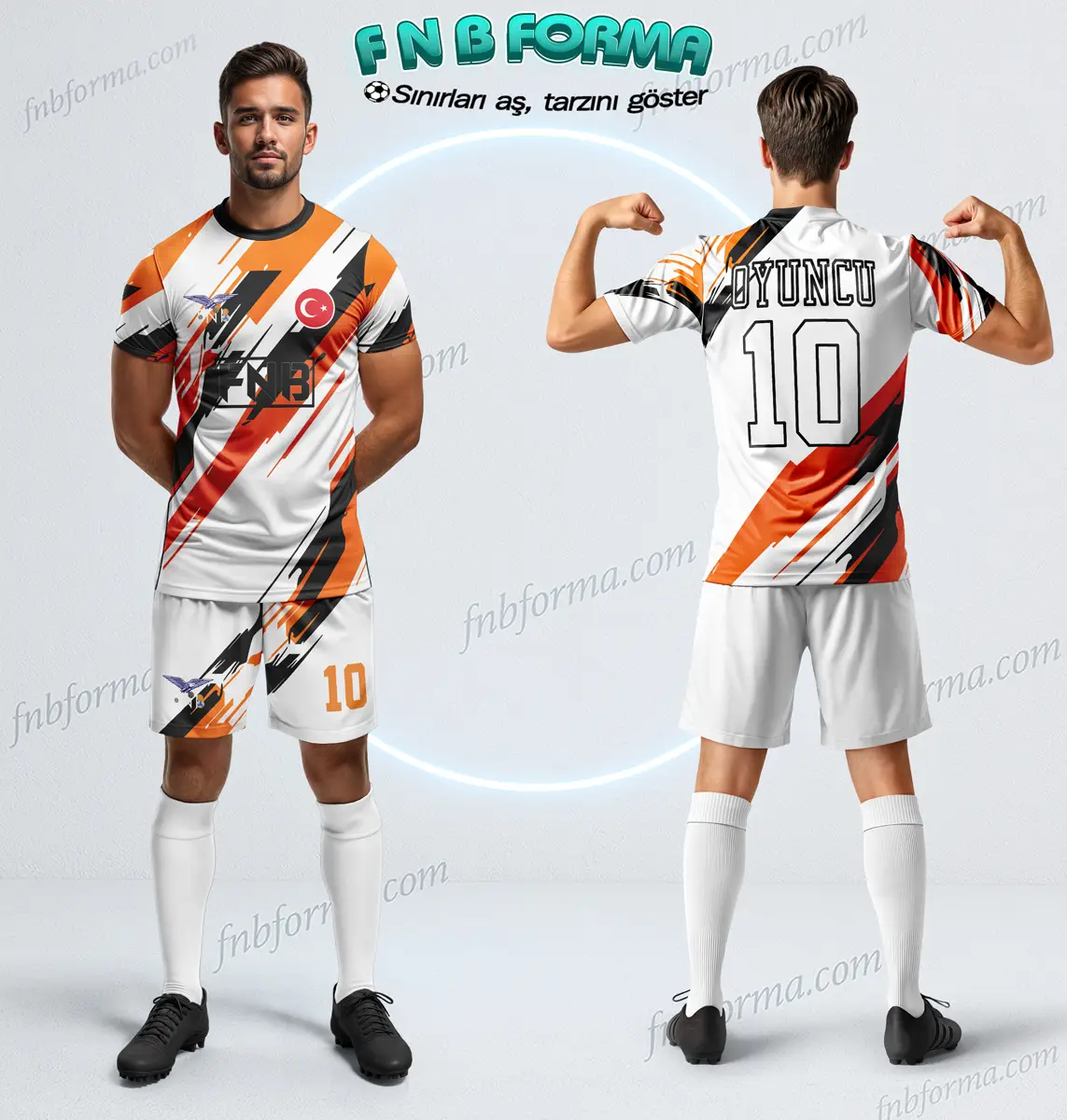 White football kit with bold diagonal orange and black flame-inspired stripes