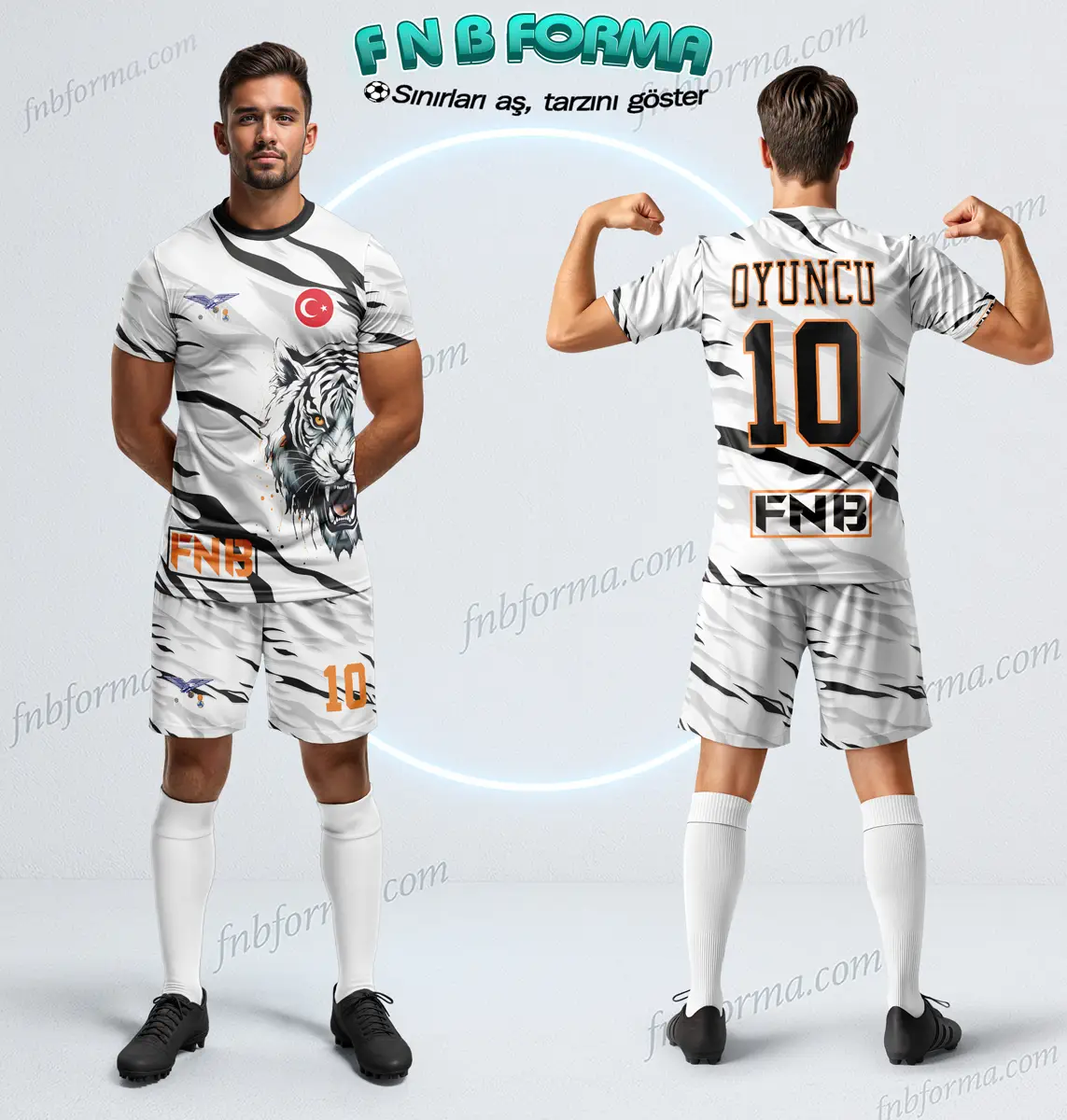 White football kit with aggressive tiger graphic and sharp black accents