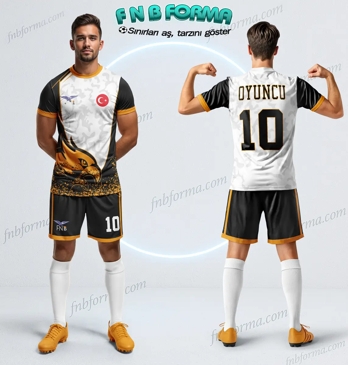 White football kit with golden eagle graphic and sharp competitive design