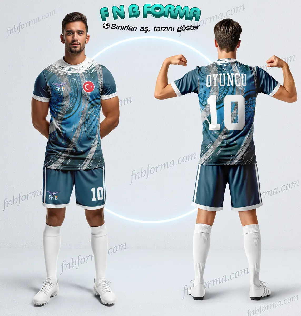 Deep ocean blue football kit with stormy dynamic texture and modern athletic style