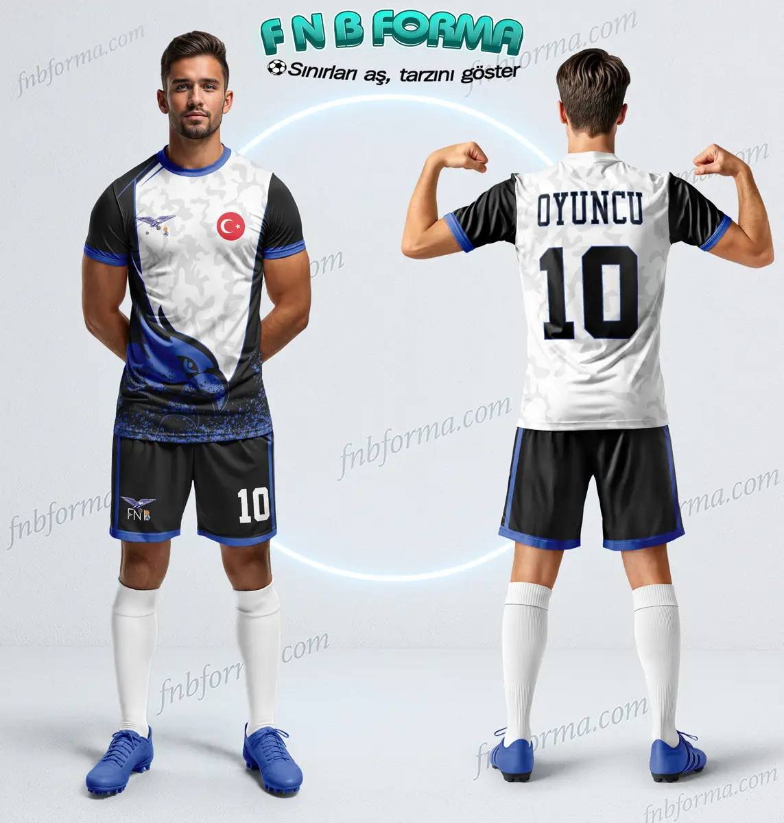White and blue football kit with modern geometric accents and clean sporty look