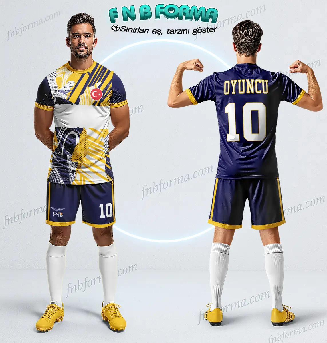 Navy blue football kit with sharp yellow strike lines and dynamic modern design