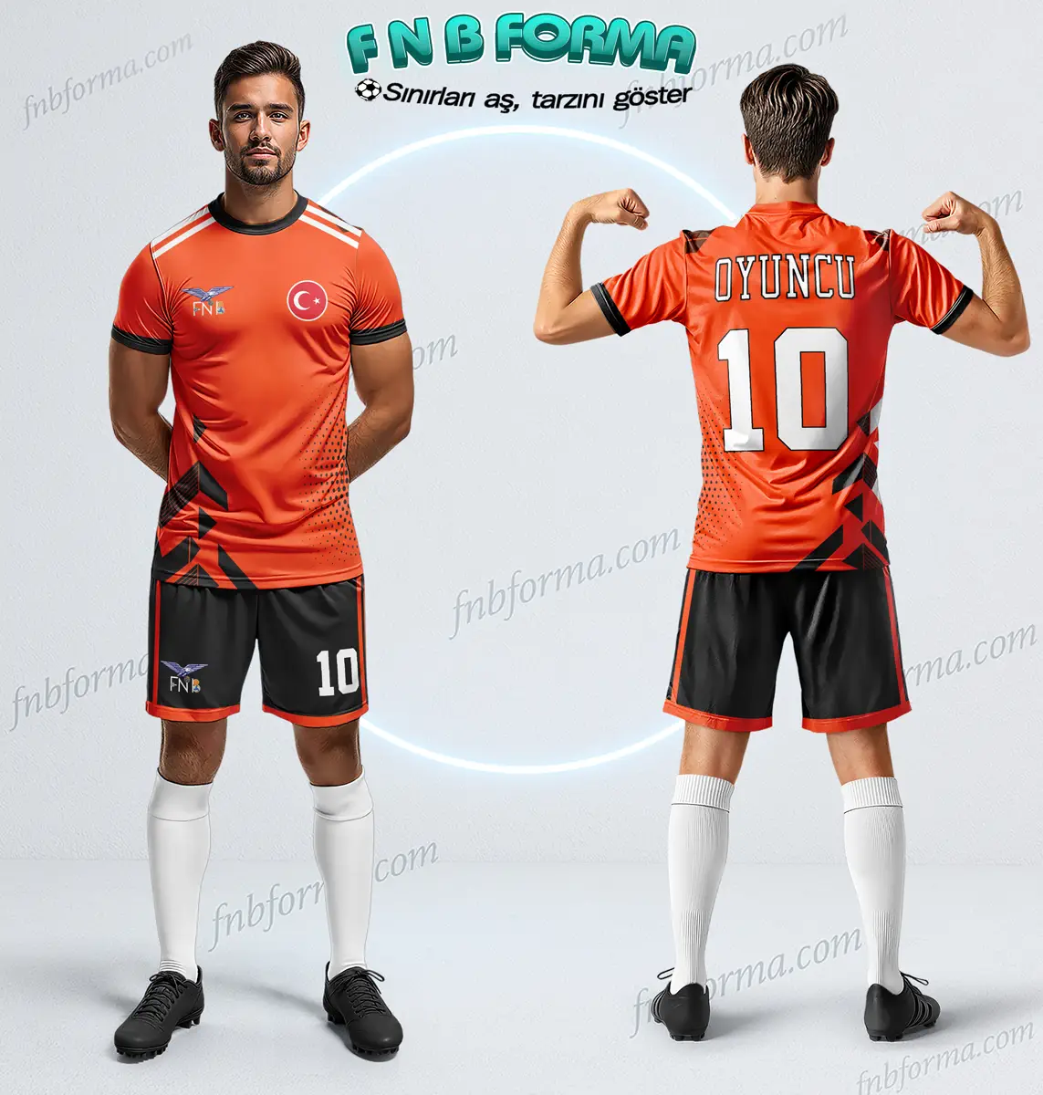 Bright orange football kit with bold dark accents and powerful modern design